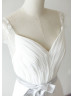 Cap Sleeves Ivory Lace Chiffon Slit Open Back Long Wedding Dress